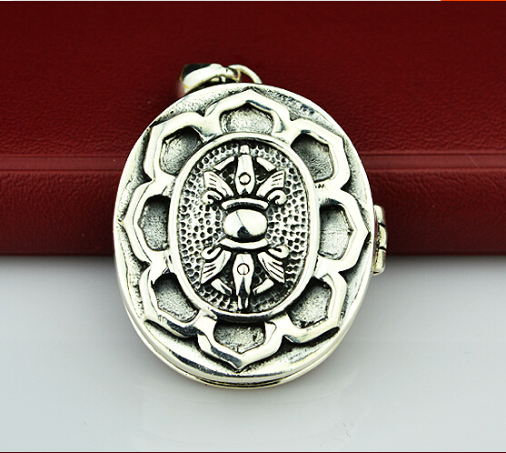 Lotus Carving 925 Silver Ellipse Shaped Mantra Vajra Gau Box Pendant With No Chain